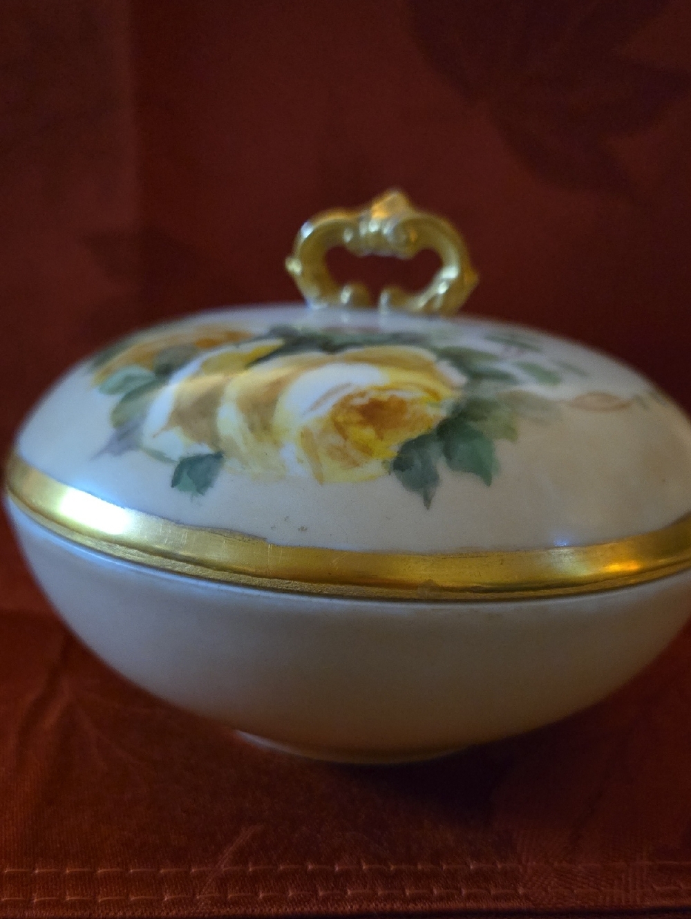 Hand-Painted Porcelain Trinket Box with Yellow Rose Motif By Va Gould